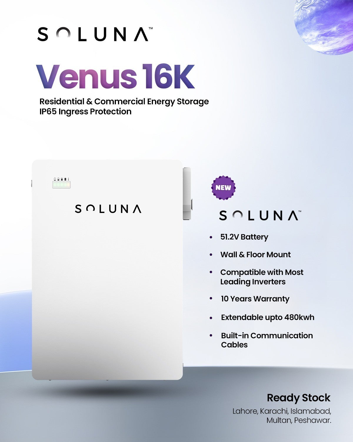 Soluna 16kWh Low Voltage (LV) IP65 Lithium Battery β 10 Years Replacement Warranty